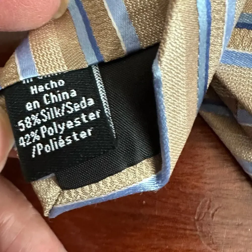 Croft & Barrow 100% Silk Tan Light Blue Mens Diagonal Stripe Tie Retro NWOT